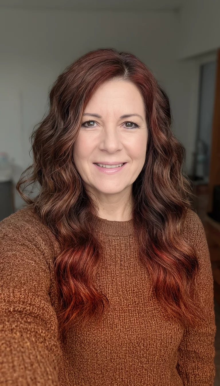Muted Auburn Variations selfie of a 42-year-old woman wearing a brown sweater with a wavy brown and auburn colored front view hairstyle, front view, indoor background