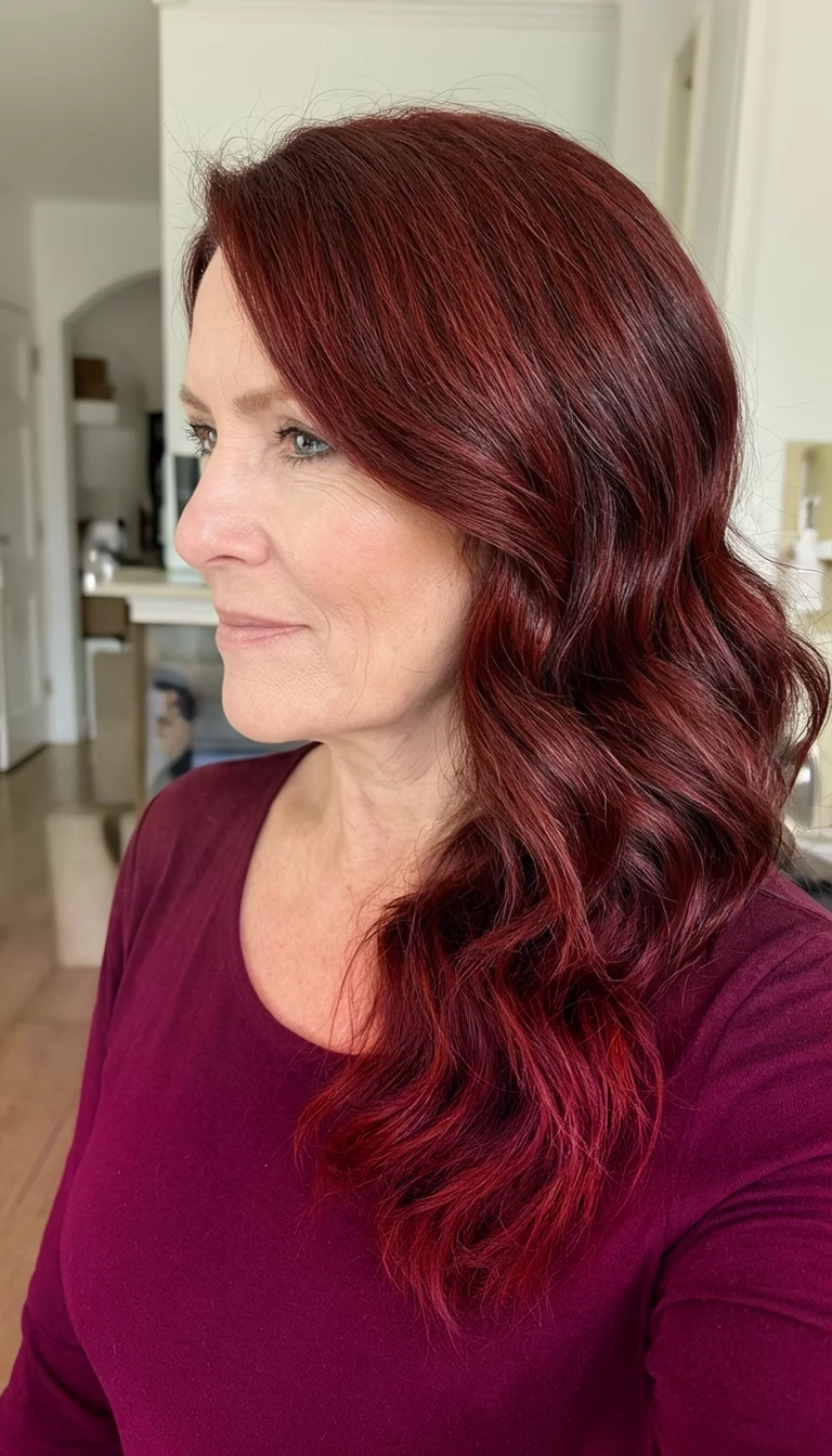 Deep Auburn Melts selfie of a 45-year-old woman wearing a burgundy top with a long, wavy, deep red and auburn colored side view hairstyle, side view, indoor background