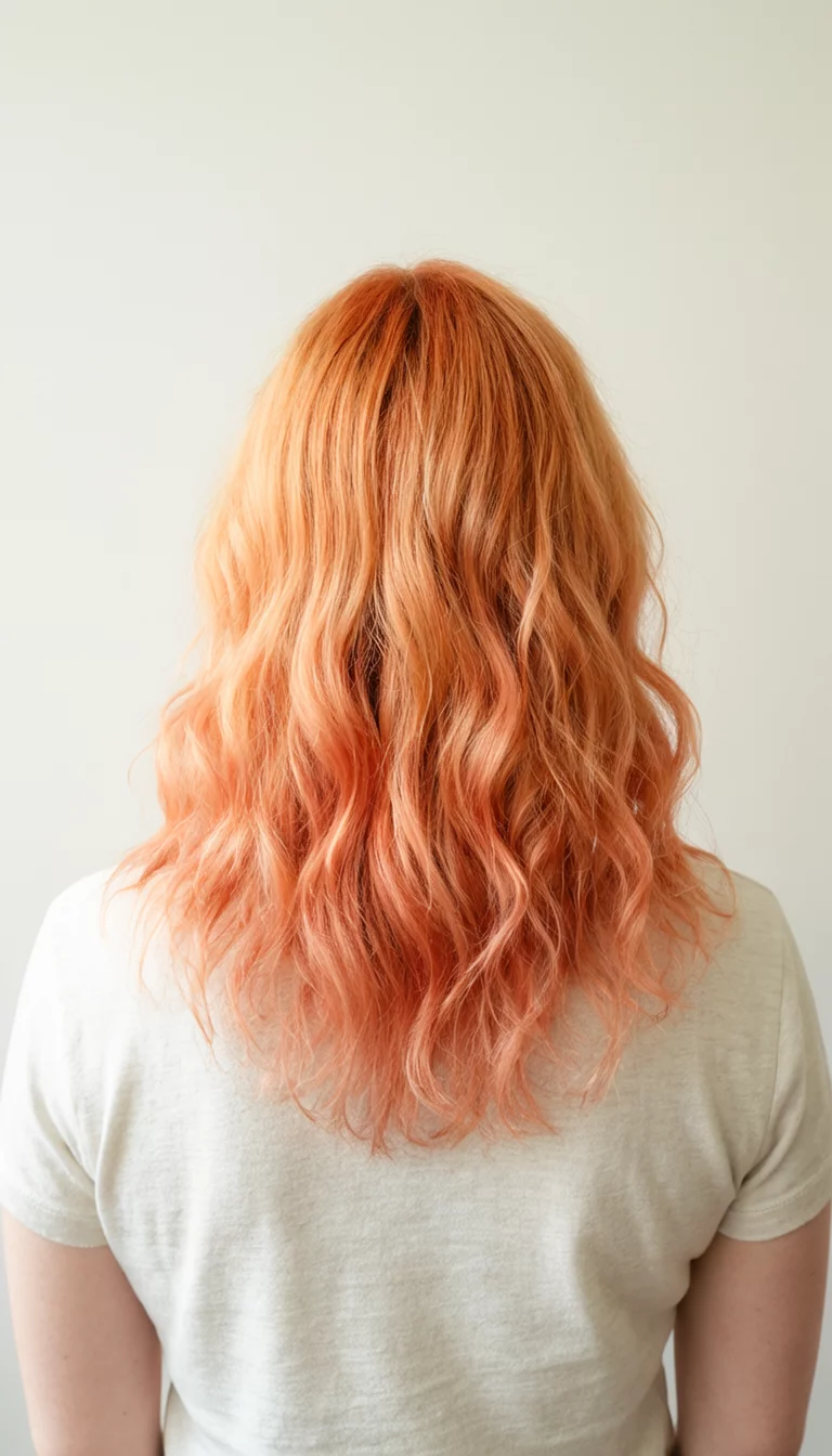 Orange To Peach Gradient casual photo of a 26-year-old woman wearing a light top with a shoulder-length, wavy, orange to peach gradient colored back view hairstyle, back view, light background