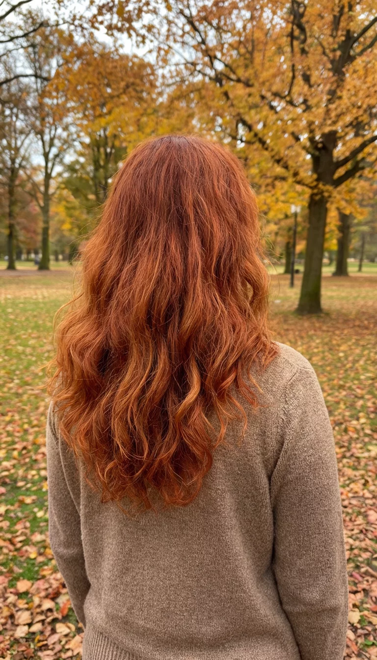 Rich Reddish Brown casual photo of a 41-year-old woman wearing a taupe sweater with a long, wavy, reddish-brown colored back view hairstyle, back view, autumn park background