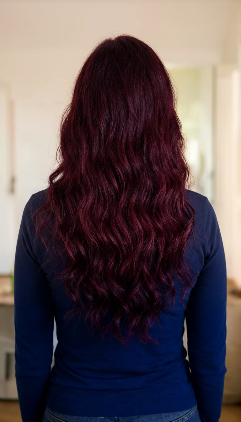 Dark Berry Bliss casual photo of a 37-year-old woman wearing a navy blue top with a long, wavy, dark berry colored back view hairstyle, back view, indoor lighting background
