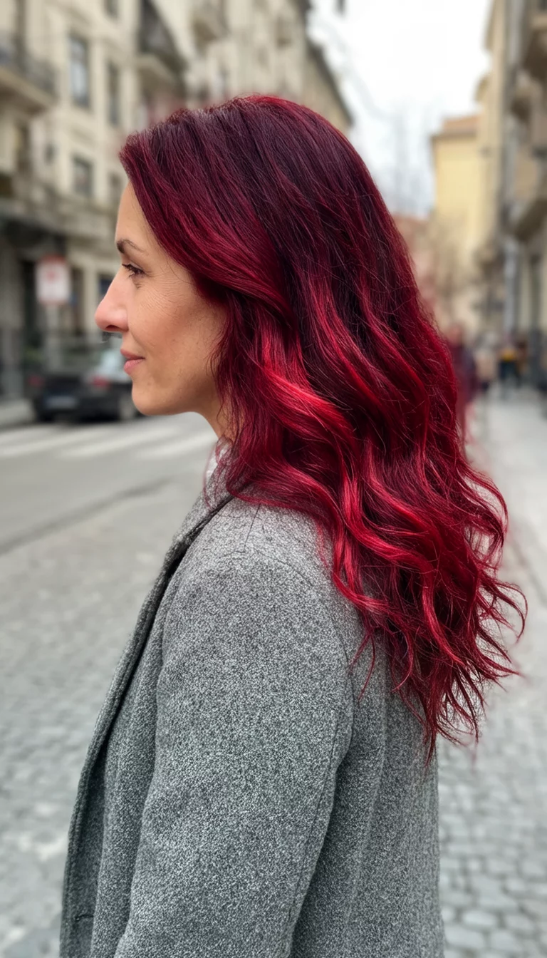 Framed Cherry Side Profile casual photo of a 35-year-old woman wearing a grey coat with a long, wavy, deep red with brighter red highlights colored side view hairstyle, side view, street background
