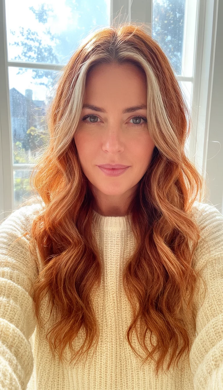 Golden Copper Smile selfie of a 30-year-old woman wearing a cream sweater with a long, wavy, copper-toned with blonde highlights colored front view hairstyle, front view, sunny window background