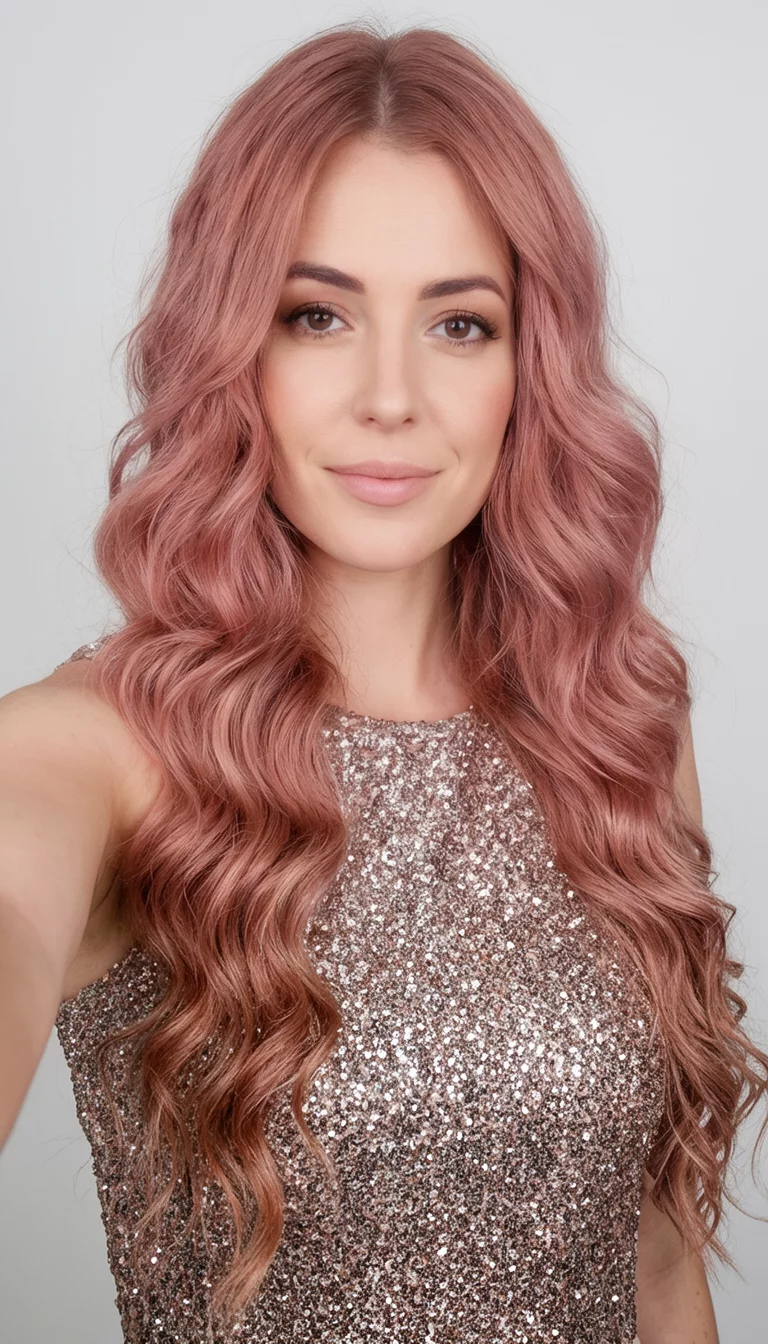 Rose Gold Sparkle selfie of a 25-year-old woman wearing a sparkly top with a long, wavy, rose-gold colored front view hairstyle, front view, studio background