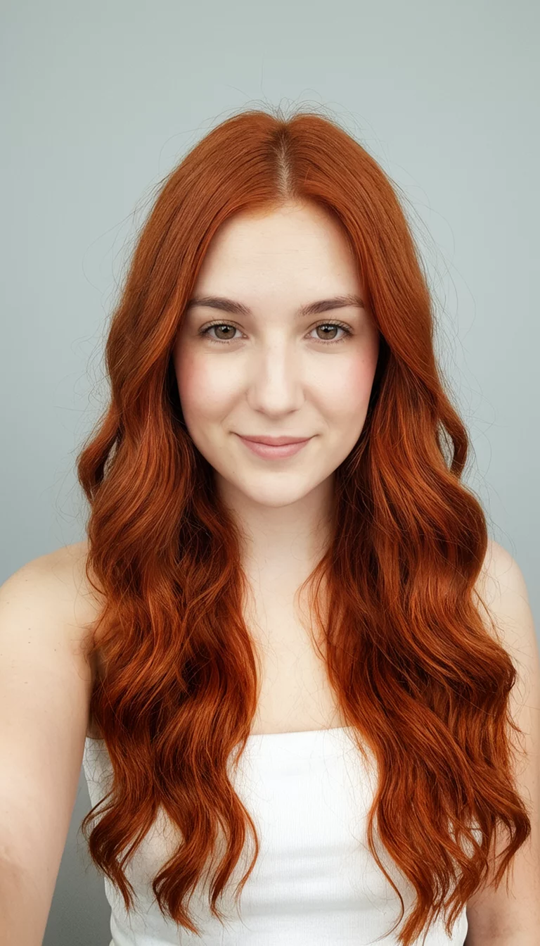 Multidimensional Copper Collage selfie of a 24-year-old woman wearing a white top with a long, wavy, copper-red colored front view hairstyle, front view, light grey background