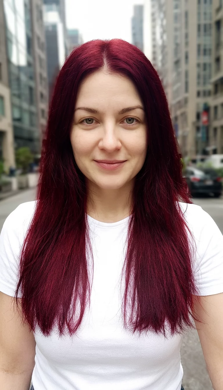 Vivid Scarlet Duo selfie of a 29-year-old woman wearing a white top with a vivid dark red colored front view hairstyle, front view, urban background