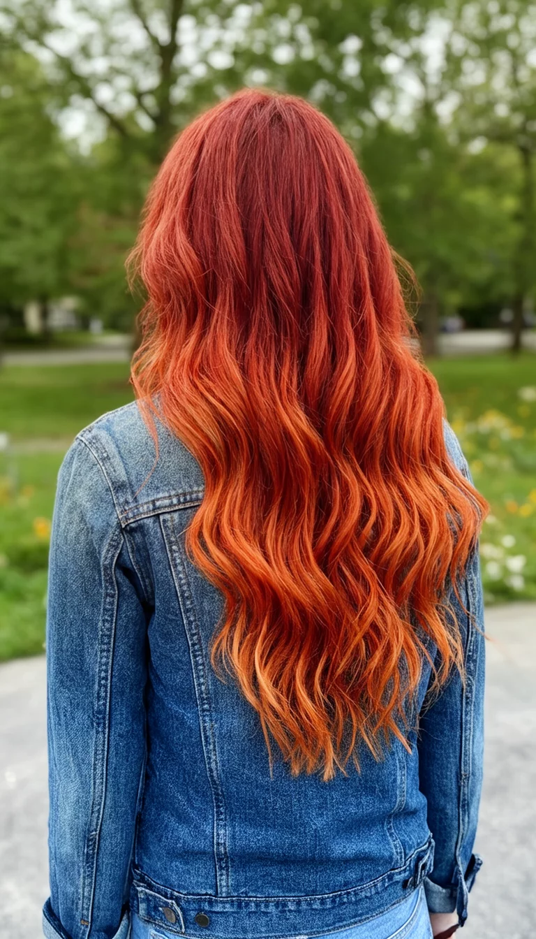 Red And Orange Ombre casual photo of a 23-year-old woman wearing a denim jacket with a long, wavy, red and orange ombre colored back view hairstyle, back view, outdoor background