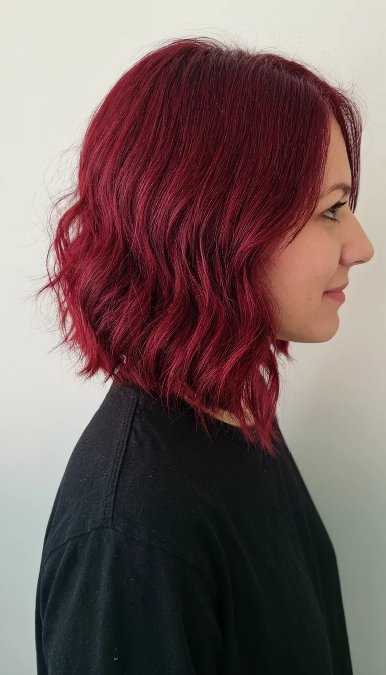 Deep Mahogany Bob casual photo of a 33-year-old woman wearing a black shirt with a chin-length, wavy, deep red colored side view hairstyle, side view, minimal background
