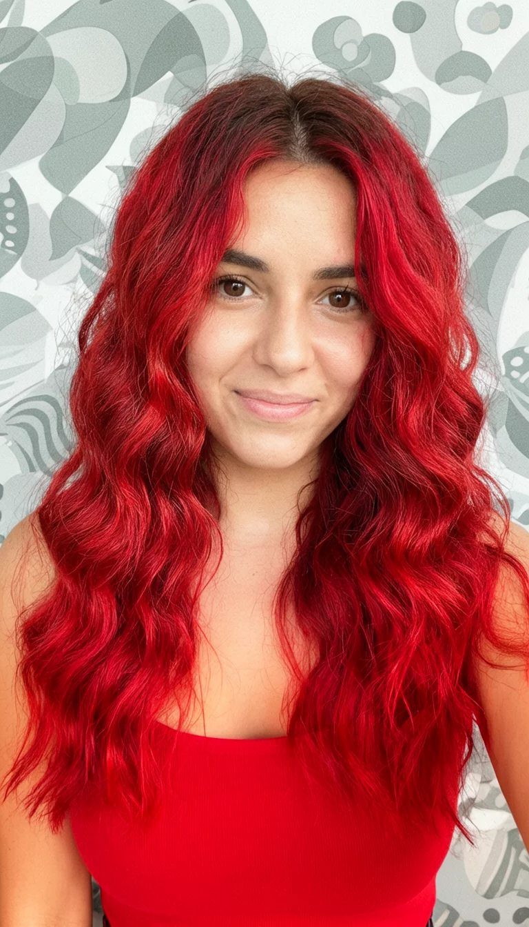 Classic Graphic Crimson selfie of a 21-year-old woman wearing a red top with a vibrant red, wavy colored front view hairstyle, front view, graphic design background