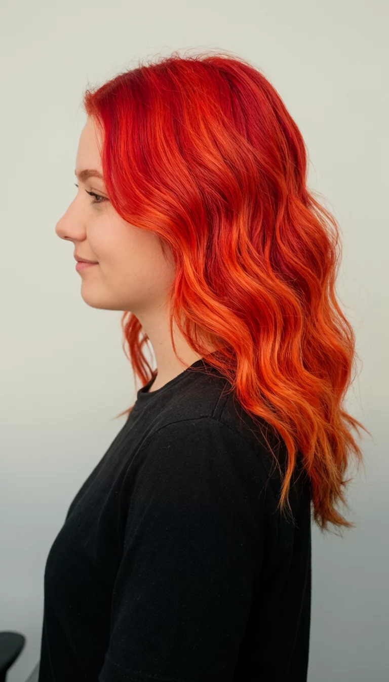 Bright Firecracker Orange casual photo of a 22-year-old woman wearing a black top with a wavy, bright red with orange undertones colored side view hairstyle, side view, plain background