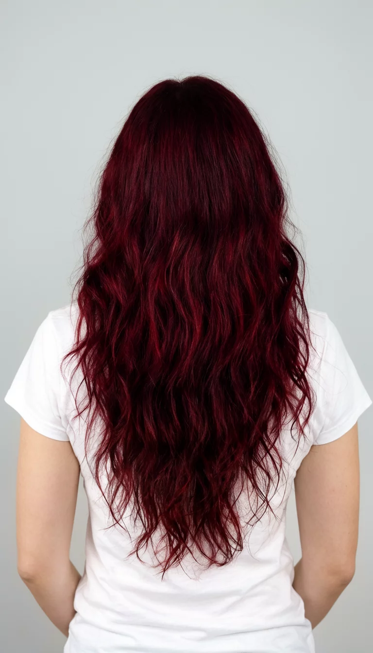 Dark Cherry Velvet casual photo of a 34-year-old woman wearing a white top with a long, wavy, dark red colored back view hairstyle, back view, light grey background