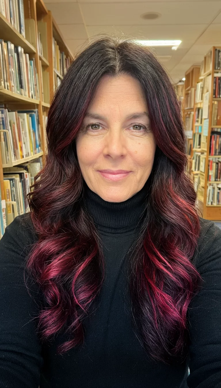 Subtle Russet Reflections selfie of a 47-year-old woman wearing a black turtleneck with a long, wavy, dark brown with subtle red highlights colored front view hairstyle, front view, library background