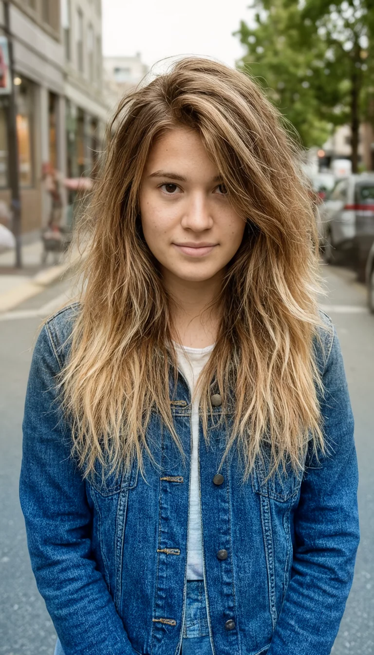 casual photo of a 21-year-old woman wearing a denim jacket with a long layered light brown hair with blonde highlights colored messy hairstyle, front view, outdoor street background