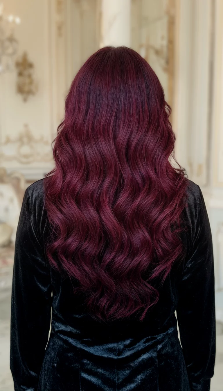 casual photo of a 31-year-old woman wearing a black velvet top with a very long wavy deep burgundy hair colored wavy hairstyle, back view, elegant background