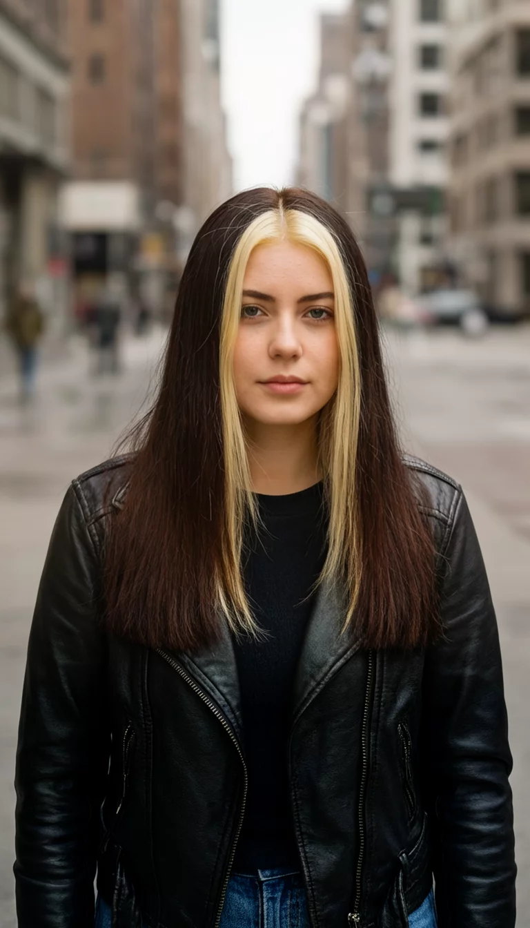 casual photo of a 23-year-old woman wearing a black leather jacket with a dark brown hair featuring a bold blonde streak around the face colored straight hairstyle, front view, urban background