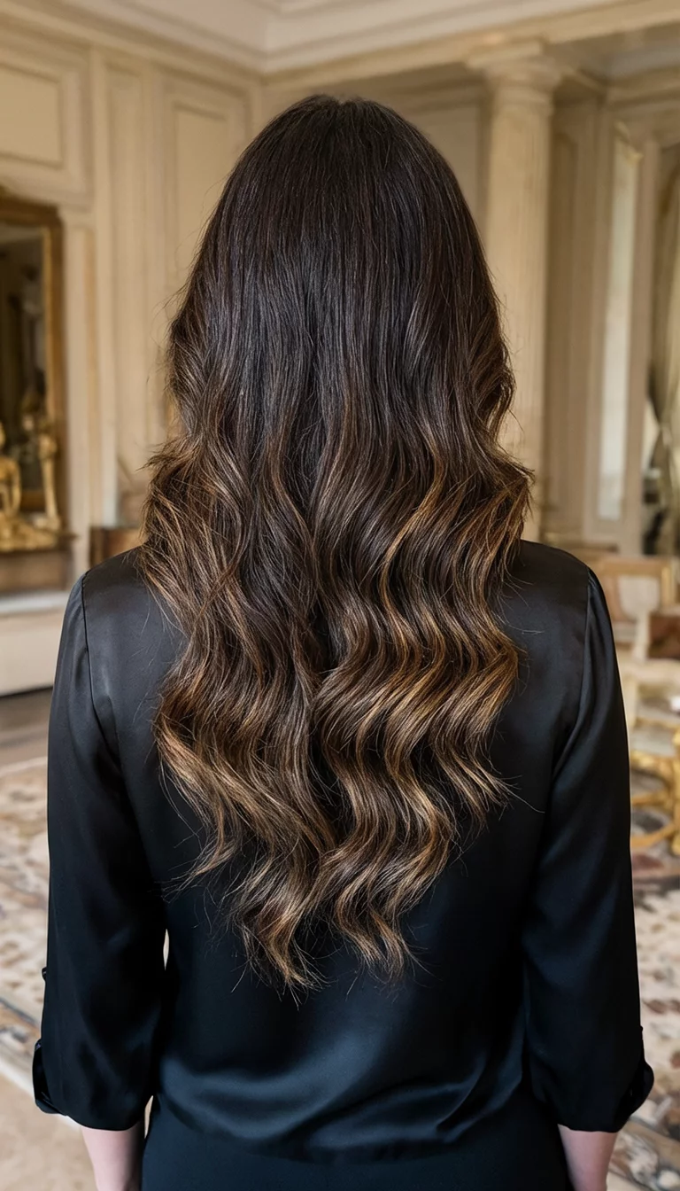 casual photo of a 47-year-old woman wearing a black silk blouse with a long wavy dark brown hair with subtle warm-toned highlights colored wavy hairstyle, back view, luxurious interior background