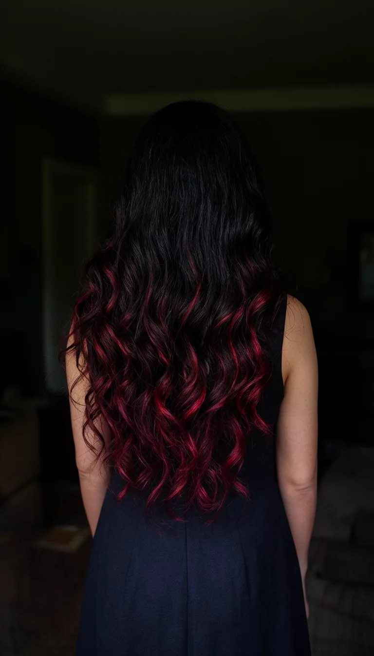 casual photo of a 39-year-old woman wearing a dark dress with a long wavy dark hair with subtle dark red highlights colored wavy hairstyle, back view, dimmed room background