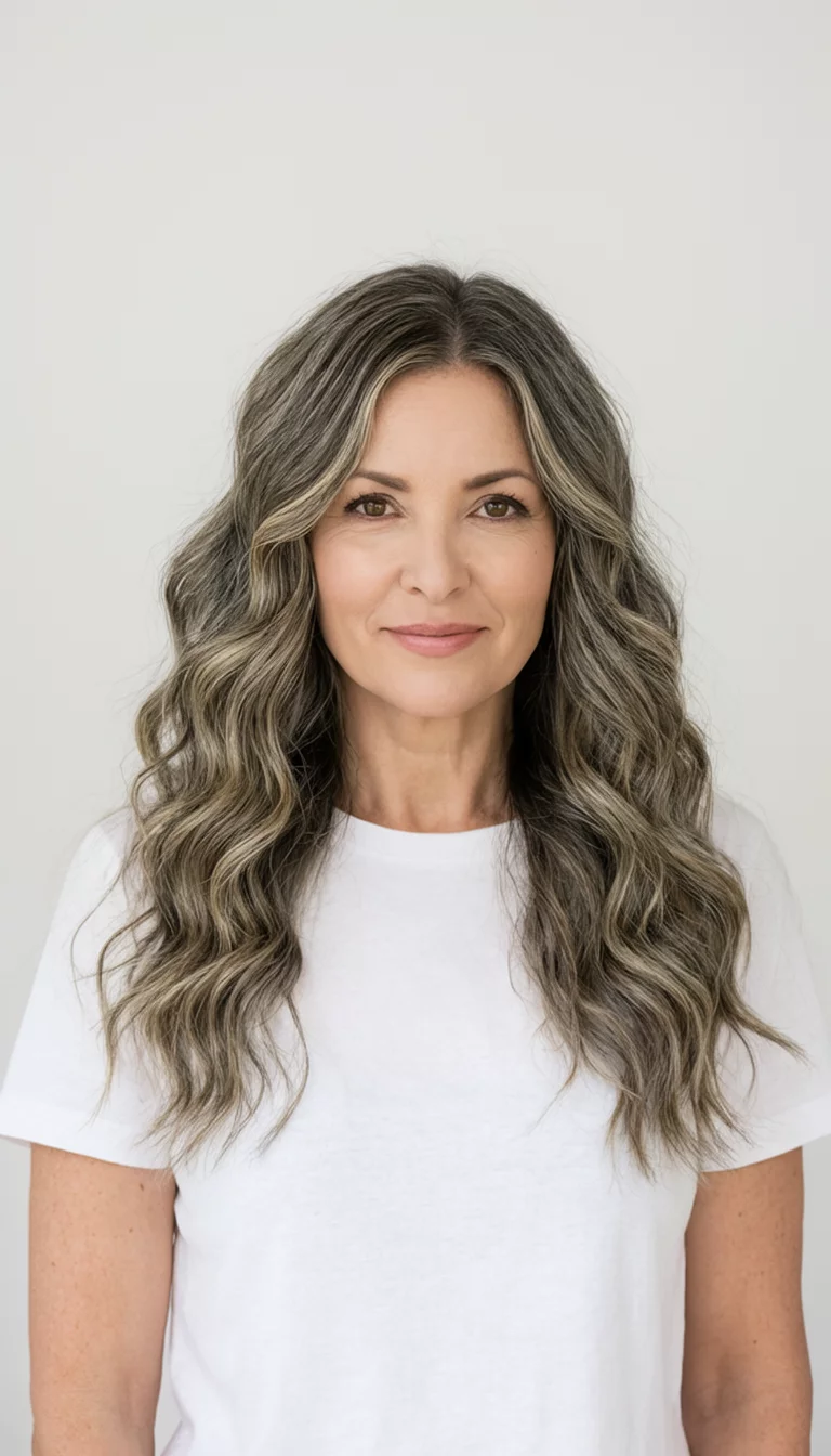 casual photo of a 41-year-old woman wearing a white t-shirt with a long wavy ash-brown hair with subtle blonde highlights colored wavy hairstyle, front view, minimalist background