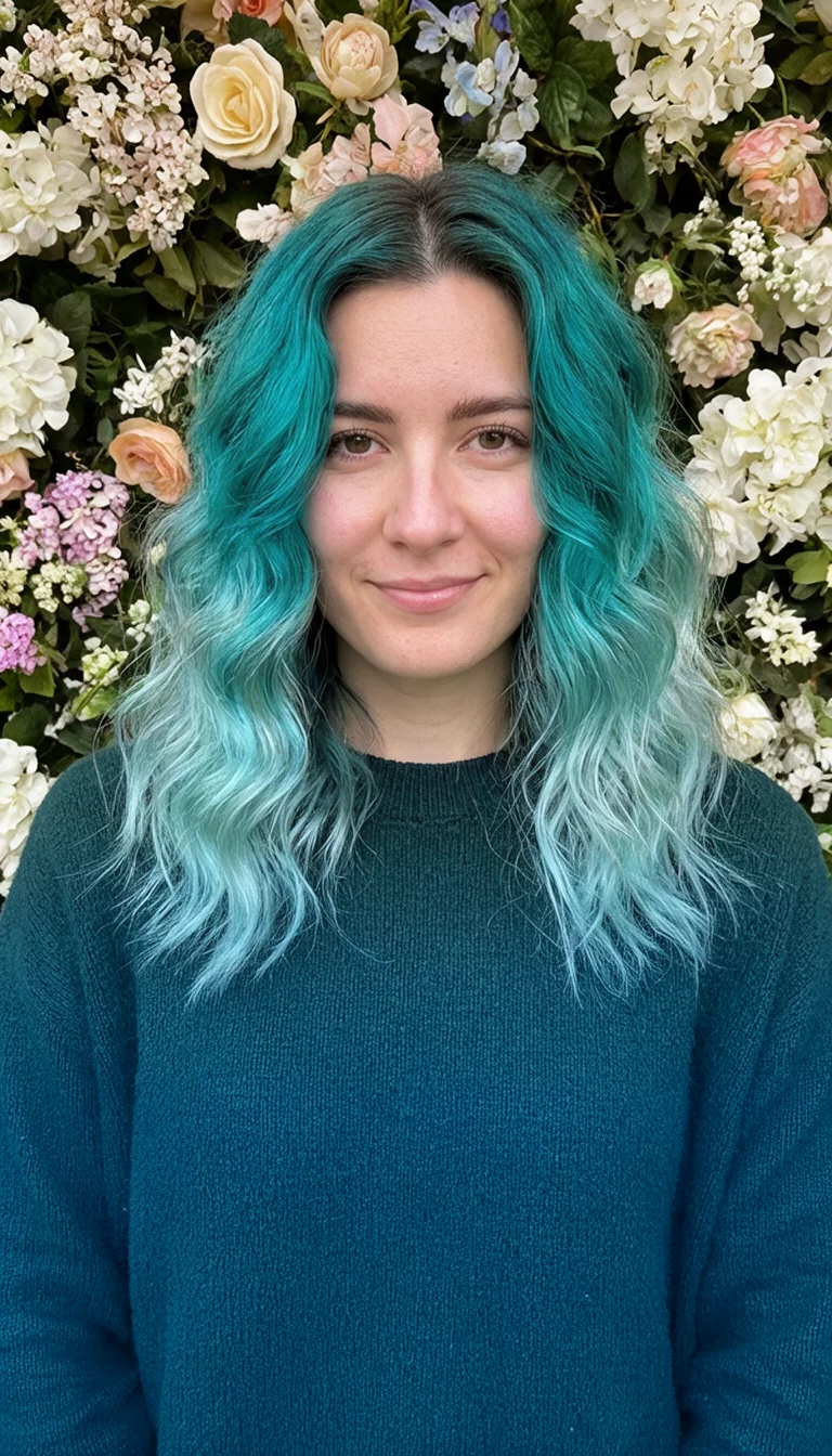 casual photo of a 26-year-old woman wearing a dark teal sweater with a wavy teal to light blue ombre hair colored wavy hairstyle, front view, floral background