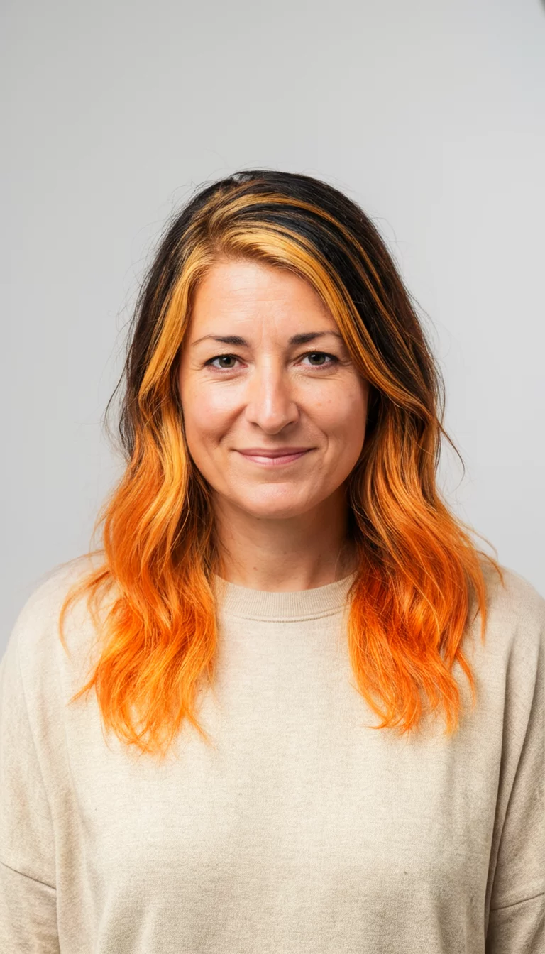 casual photo of a 36-year-old woman wearing a neutral top with an orange blonde and dark brown colored mixed hairstyle, front view, studio background