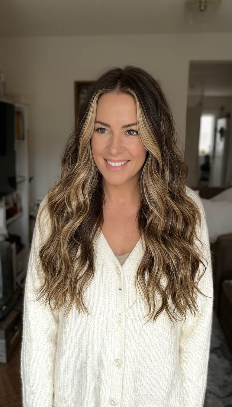 casual photo of a 37-year-old woman wearing a cream cardigan with a long wavy brown hair with blonde balayage highlights colored wavy hairstyle, front view, home interior background