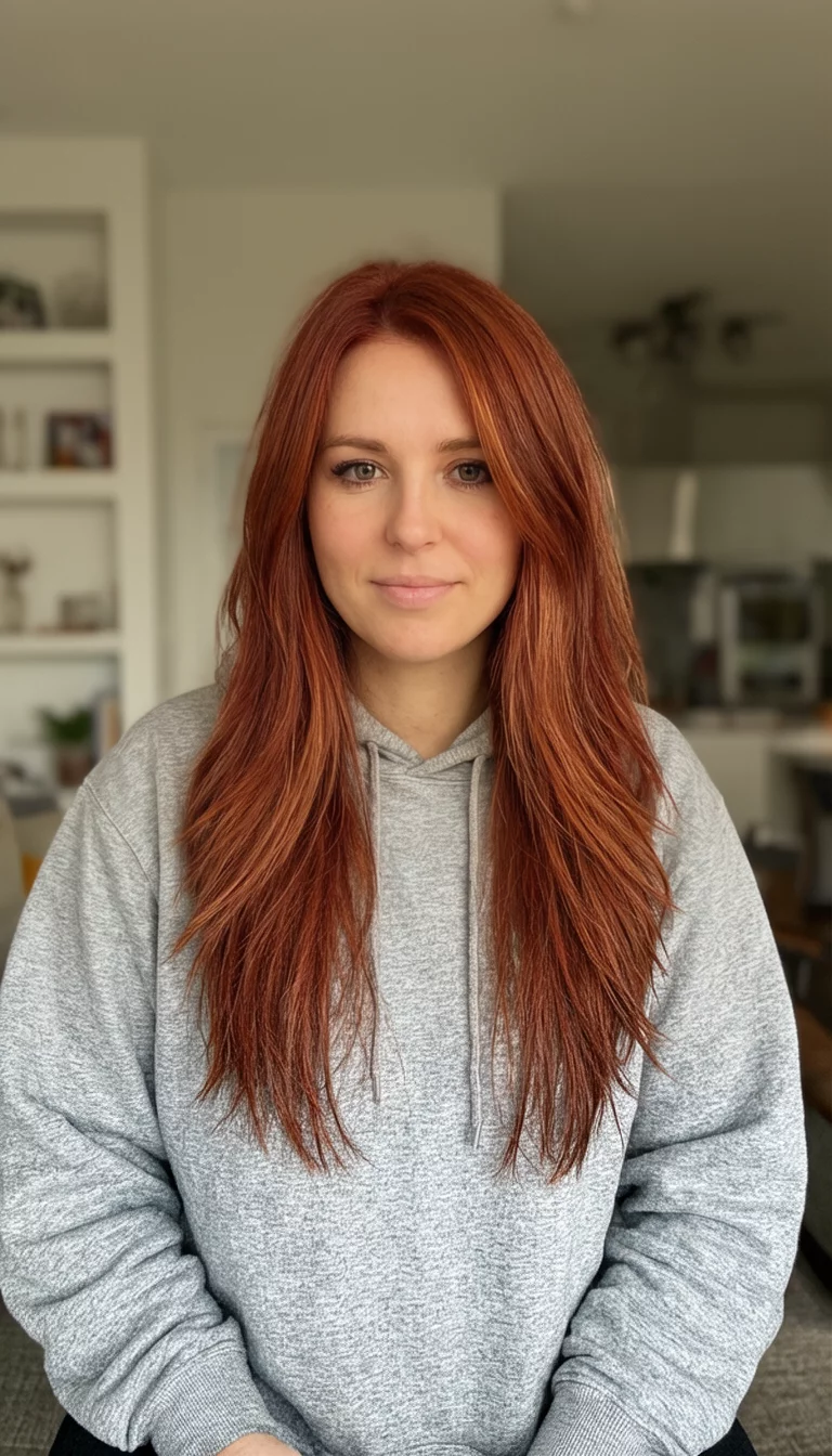 casual photo of a 33-year-old woman wearing a grey hoodie with a long layered reddish-brown hair colored layered hairstyle, front view, casual home background