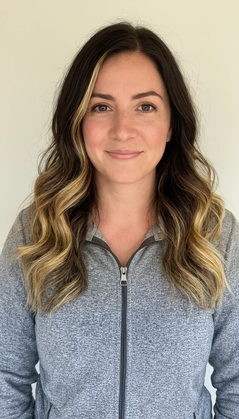 casual photo of a 32-year-old woman wearing a grey zip-up top with a dark brown hair with blonde highlights colored wavy hairstyle, front view, light background