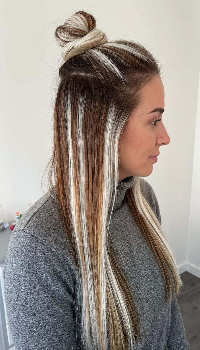 casual photo of a 30-year-old woman wearing a grey turtleneck with a long straight hair with chunky highlights of blonde brown and white colored bun hairstyle, side view, clean indoor background