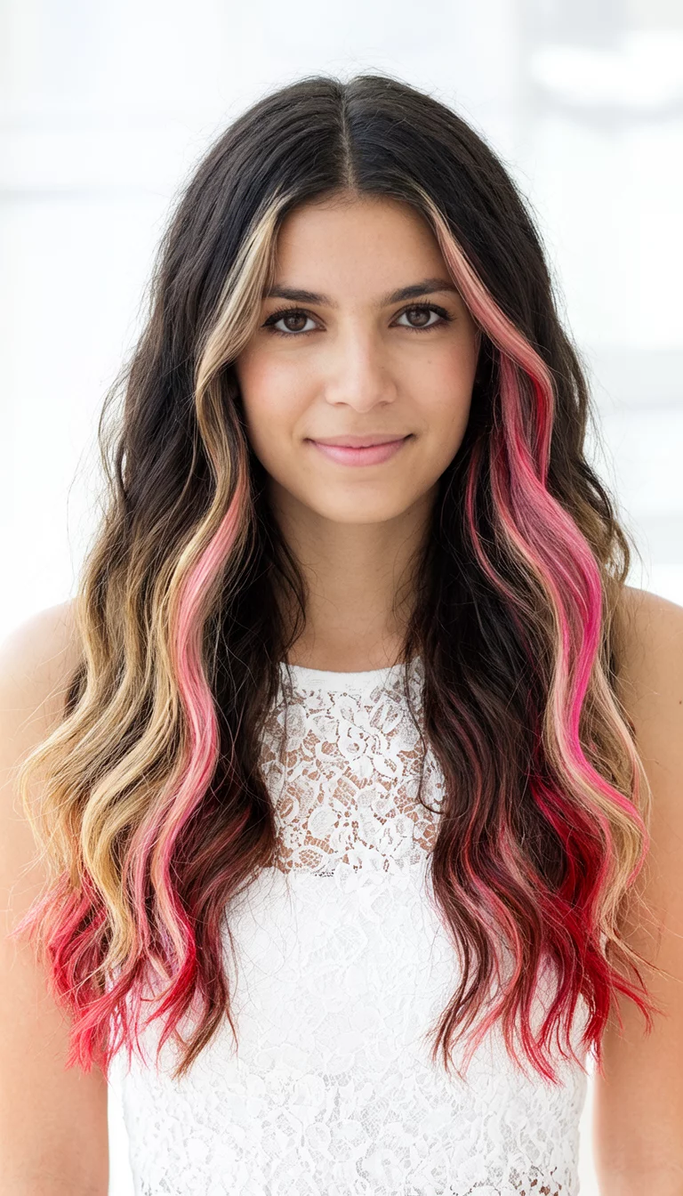 casual photo of a 25-year-old woman wearing a white lace top with a very long dark brown wavy hair with multiple colored streaks of blonde pink and red colored wavy hairstyle, front view, bright background