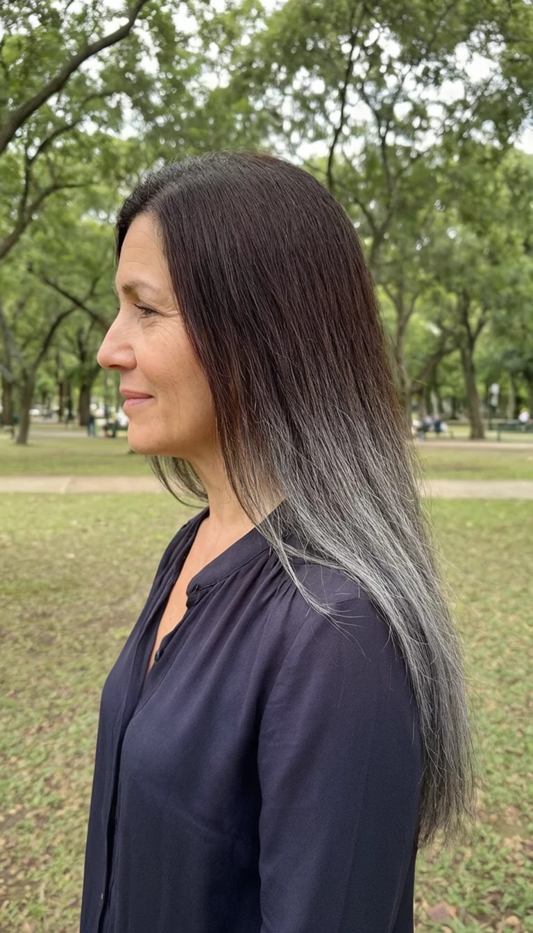 casual photo of a 45-year-old woman wearing a dark blouse with a long dark brown hair with gradual grey-brown ombré colored straight hairstyle, side view, outdoor park background