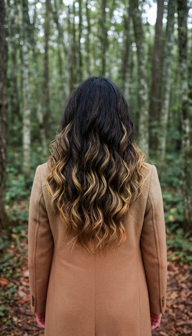 casual photo of a 34-year-old woman wearing a tan coat with a long dark brown wavy hair with caramel and blonde highlights colored wavy hairstyle, back view, forest background