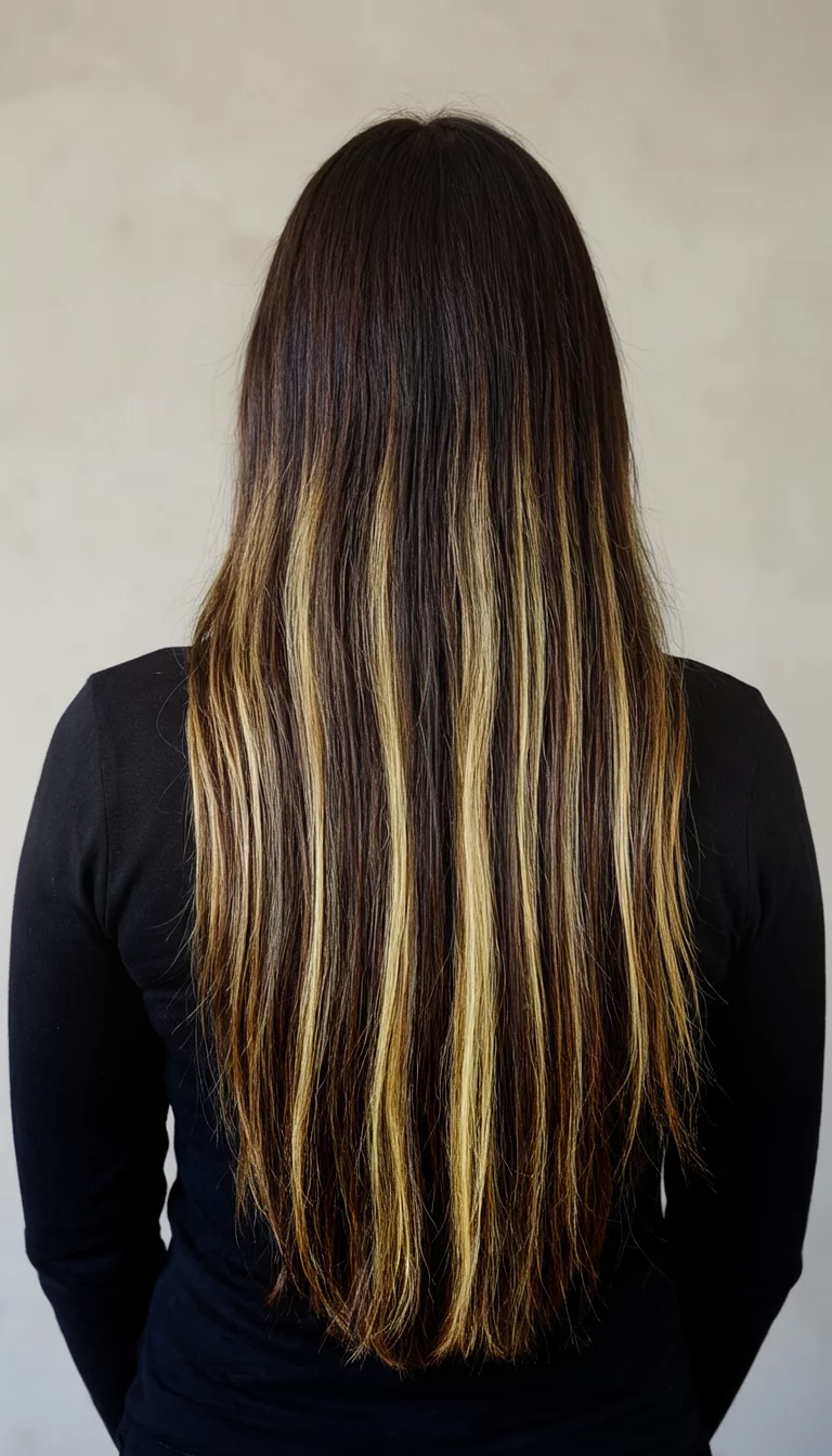 casual photo of a 29-year-old woman wearing a black top with a long dark brown hair with high contrast blonde and brown highlights colored long hairstyle, back view, neutral background
