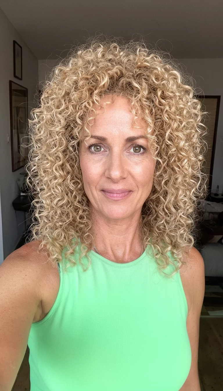 Voluminous Golden Cream Curls selfie of a 42-year-old woman wearing a light green sleeveless top with a blonde colored voluminous mane of tight curls hairstyle, front view, indoor background