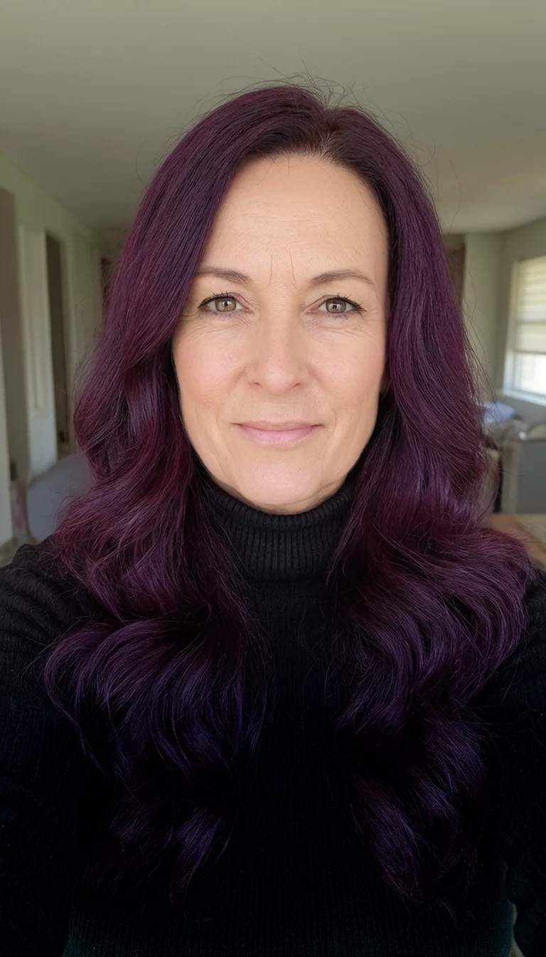 Glossy Plum Mystery selfie of a 47-year-old woman wearing a black turtleneck with a dark plum colored long wavy hairstyle, front view, indoor background