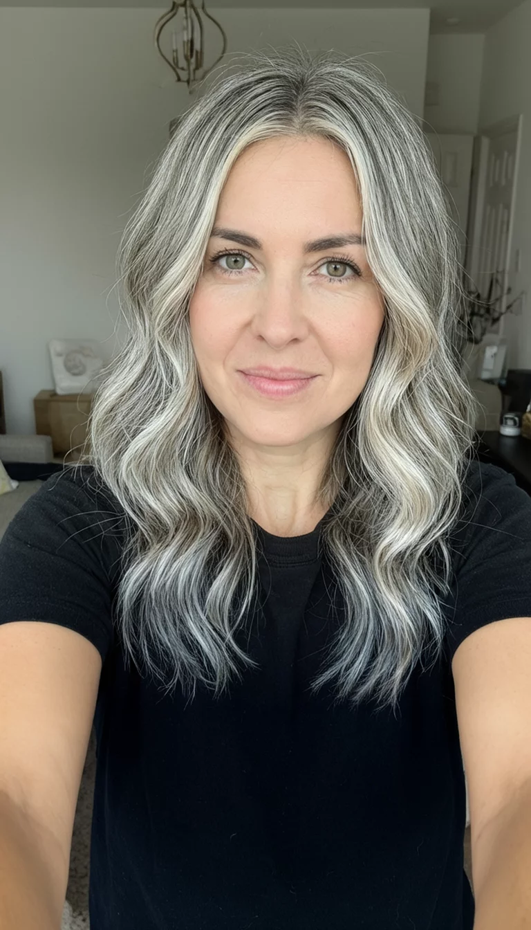 Platinum Streak Contrast selfie of a 31-year-old woman wearing a black t-shirt with a blonde colored wavy hairstyle with ash and platinum streaks, front view, indoor background