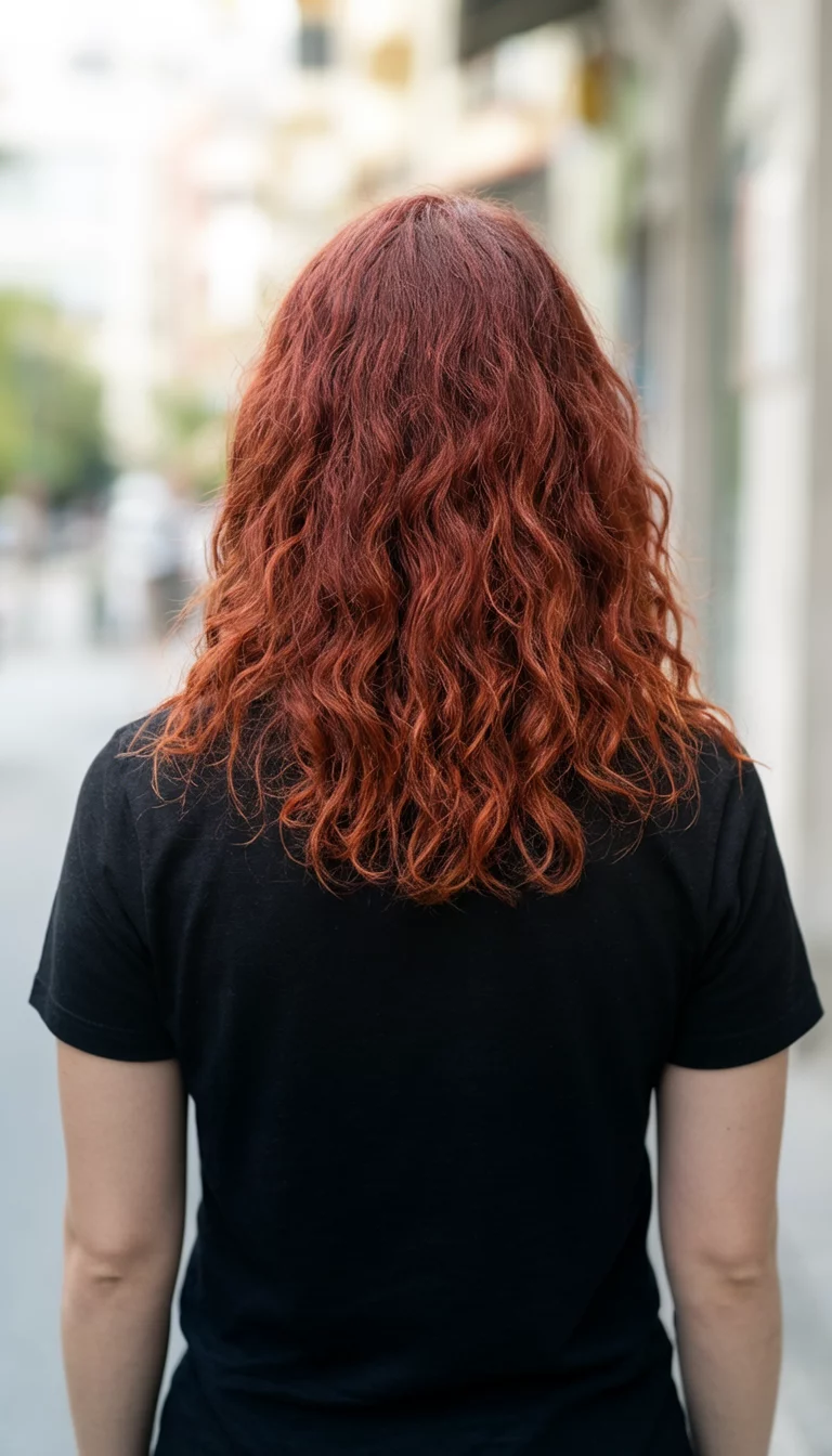 Spiced Cinnamon Copper Waves casual photo of a 31-year-old woman wearing a black t-shirt with a reddish-brown colored wavy hairstyle, back view, blurred background