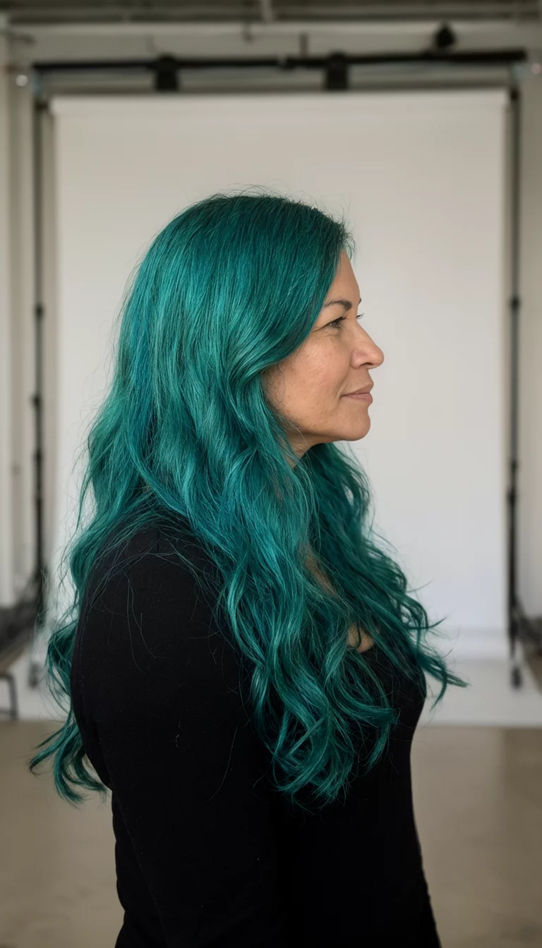Deep Ocean Teal Flow casual photo of a 38-year-old woman wearing a black top with a teal colored long wavy hairstyle, side view, indoor studio background