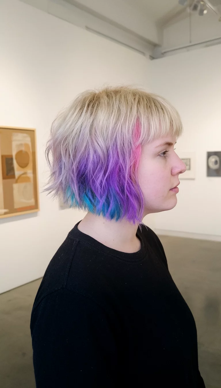 Pastel Pixie Pop casual photo of a 23-year-old woman wearing a black top with a blonde colored short choppy bob with purple pink and blue sections, side view, indoor gallery background