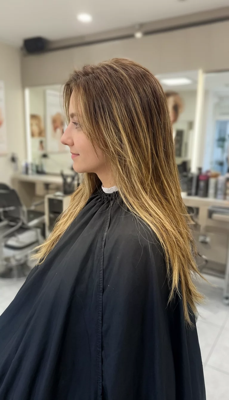 Layered Toasted Almond casual photo of a 21-year-old woman wearing a black cape with a brown and blonde colored long layered hairstyle, side view, salon background