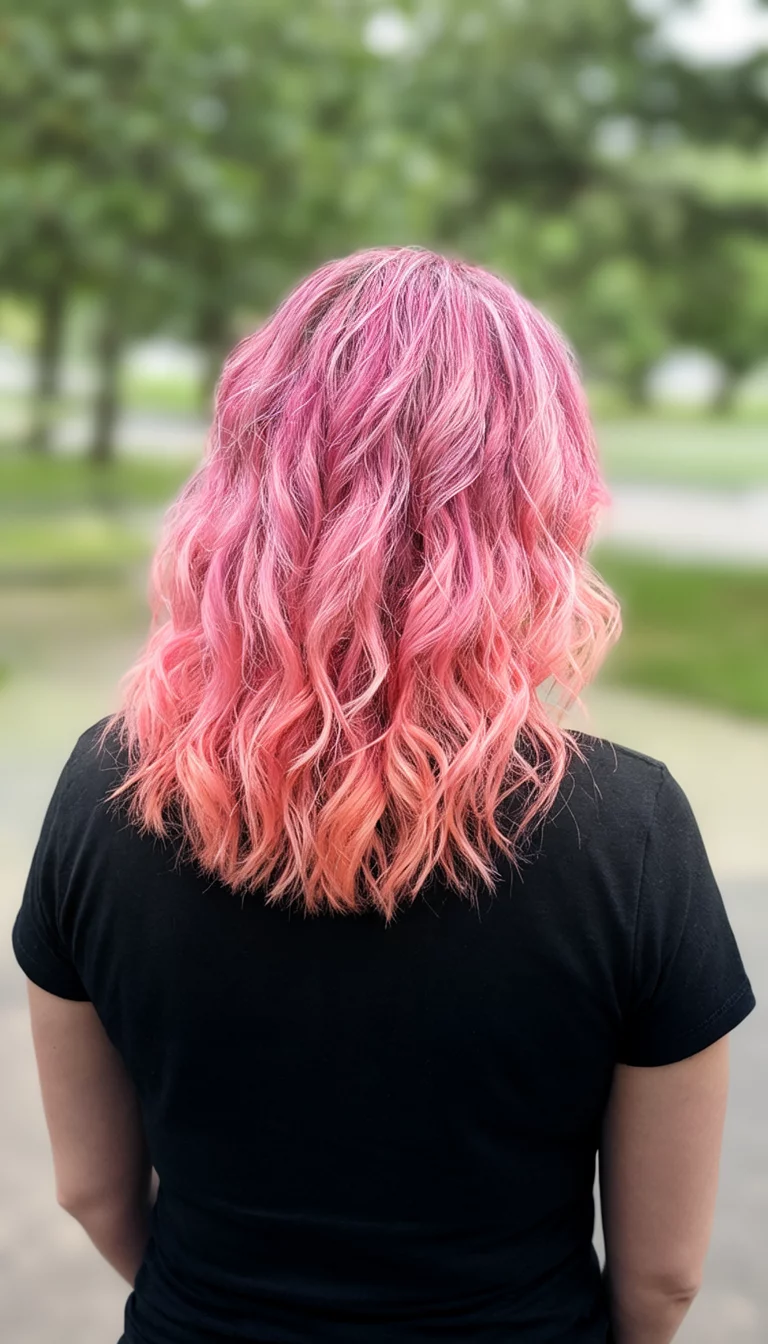 Pink Coral Sunset Ombre casual photo of a 34-year-old woman wearing a black top with a pink and coral ombre colored wavy hairstyle, back view, outdoor blurred background