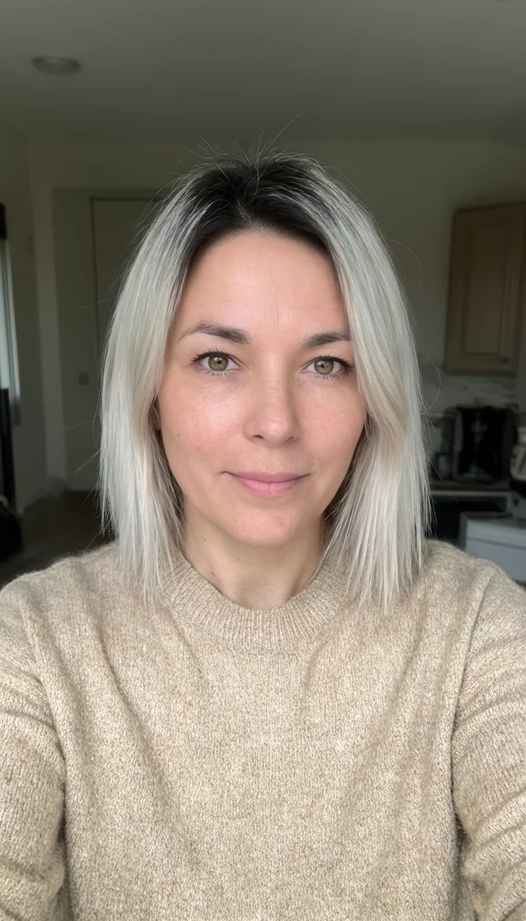 Autumn Spectrum Variety selfie of a 30-year-old woman wearing a beige sweater with a platinum blonde colored hairstyle with dark roots, front view, indoor background