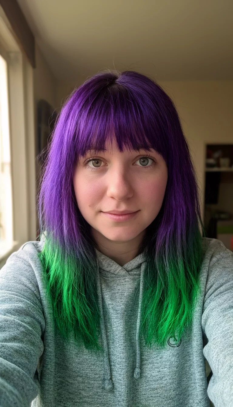 Vivid Rainbow Collage selfie of a 22-year-old woman wearing a gray hoodie with a purple and green colored hairstyle with bangs, front view, indoor background