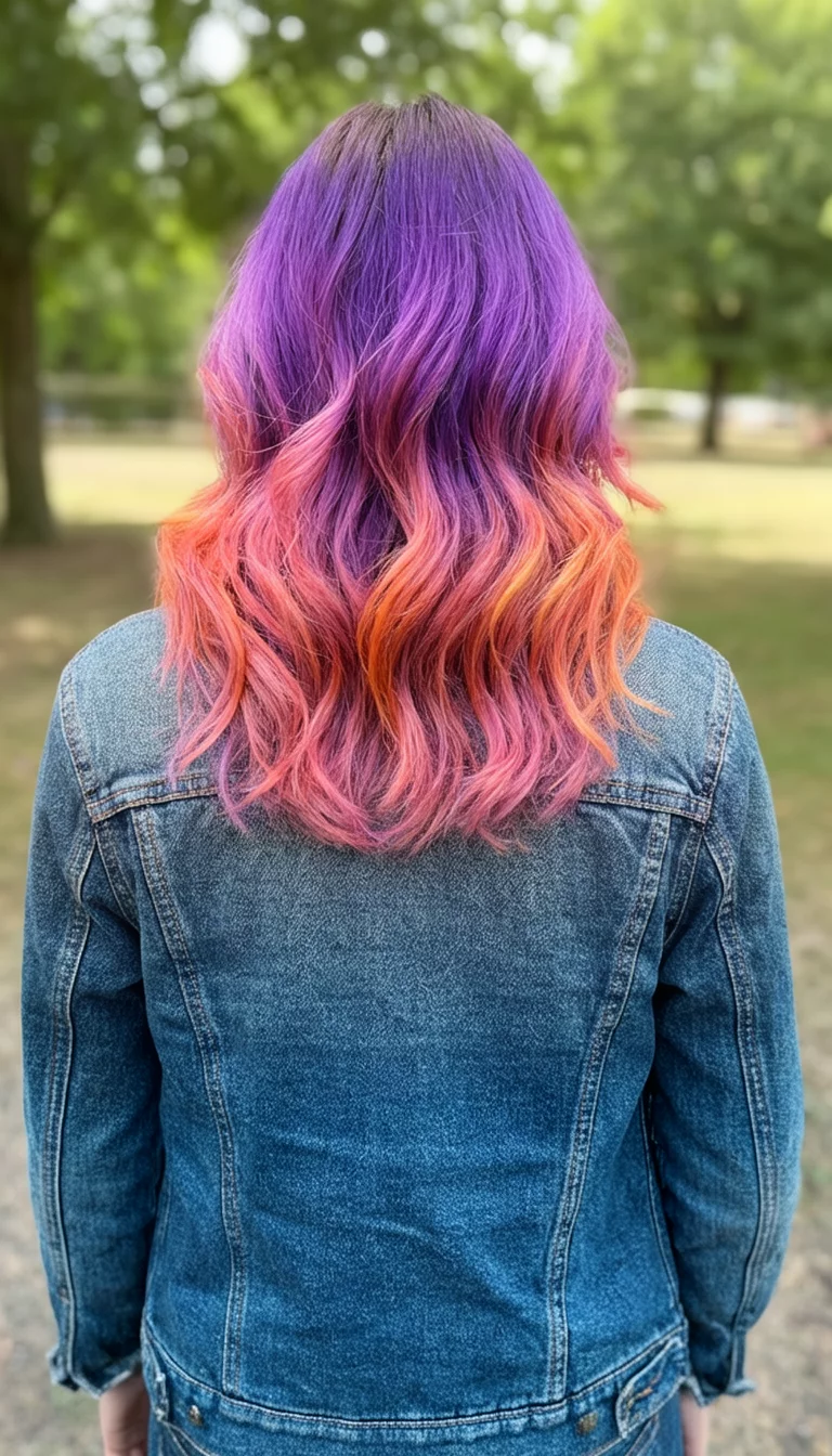 Purple Sunset Color Melt casual photo of a 25-year-old woman wearing a denim jacket with a purple to pink and orange colored medium-length wavy hairstyle, back view, outdoor background