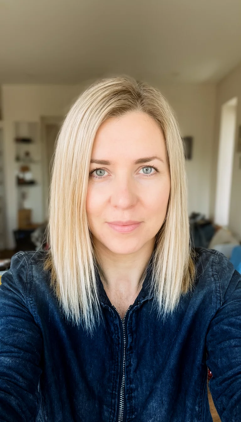 Sun Kissed Honey Blonde selfie of a 29-year-old woman wearing a dark jacket with a blonde colored shoulder-length straight hairstyle, front view, indoor background