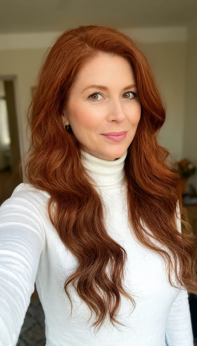 Glossy Auburn Sophistication selfie of a 36-year-old woman wearing a white turtleneck with an auburn colored long wavy hairstyle, three-quarter view, indoor background