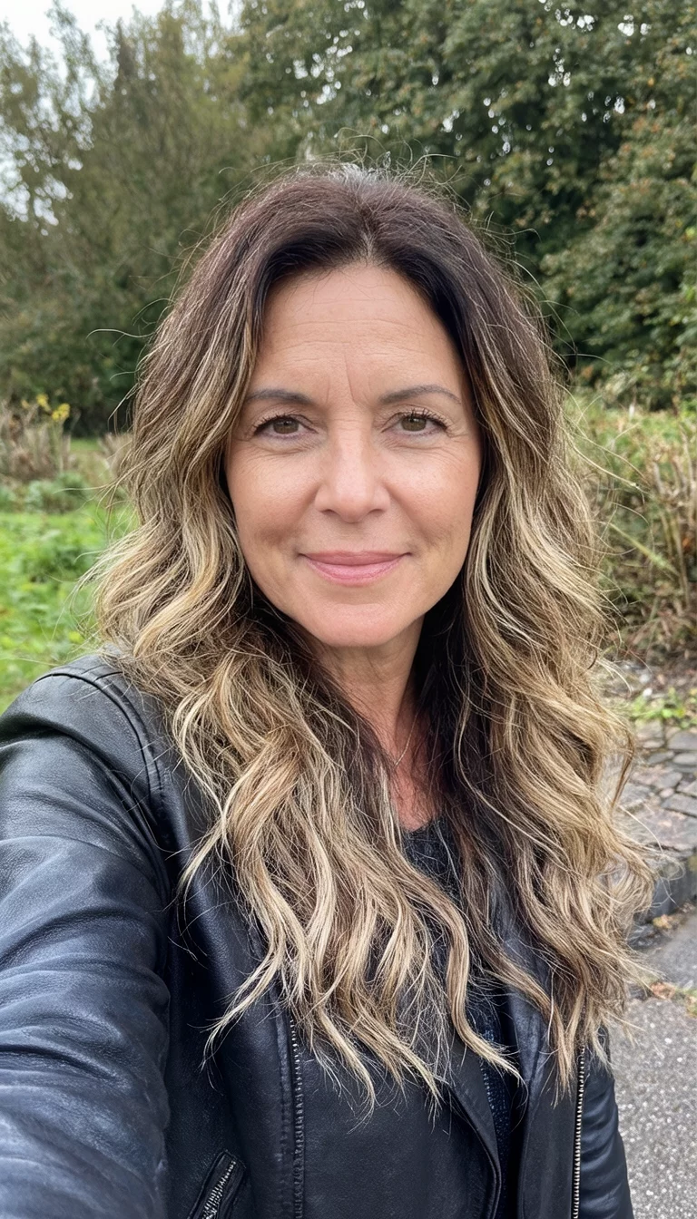 Leather Jacket Balayage selfie of a 35-year-old woman wearing a leather jacket with a dark brown and blonde colored long wavy hairstyle, front view, outdoor background