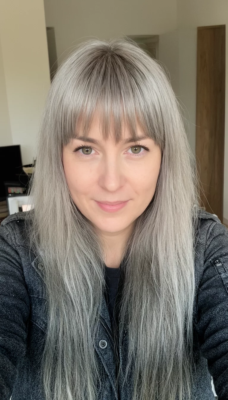 Ash Blonde With Shadow Roots selfie of a 28-year-old woman wearing a dark gray jacket with an ash blonde colored long hairstyle with bangs, front view, indoor background