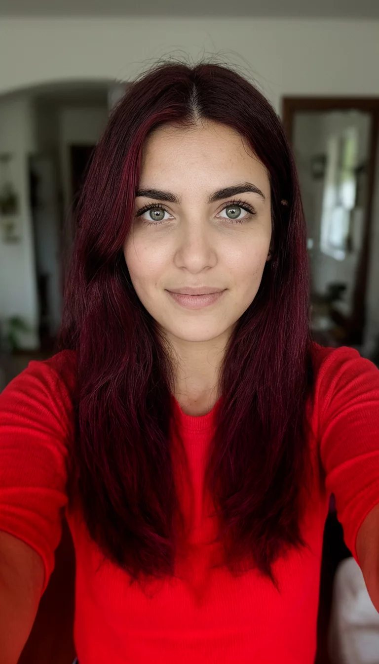 Deep Ruby Red Dimensionality selfie of a 24-year-old woman wearing a red top with a dark red colored long hairstyle, front view, indoor background