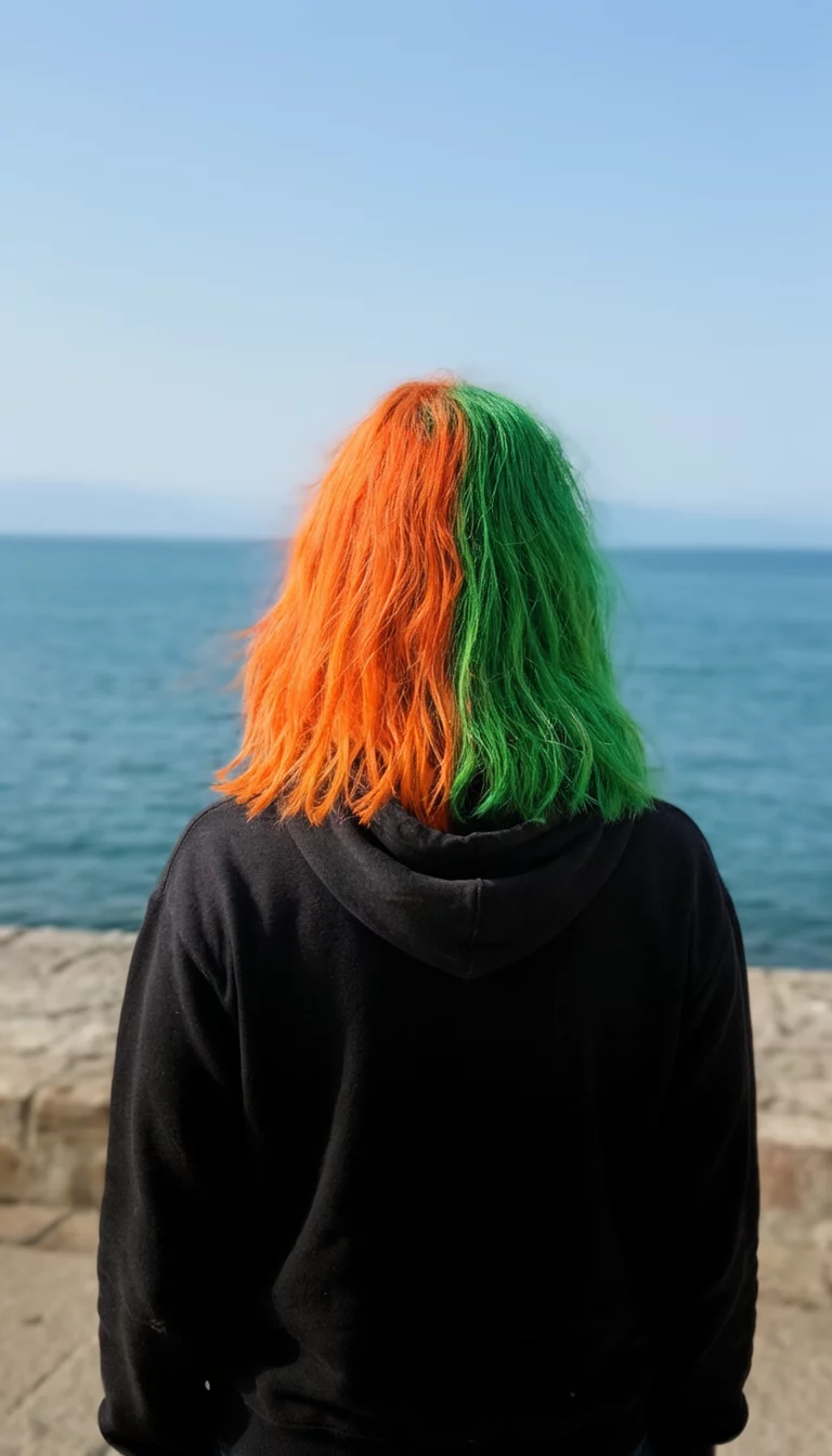 Vivid Neon Fusion casual photo of a 29-year-old woman wearing a black hoodie with an orange and green colored split hairstyle, back view, outdoor seaside background