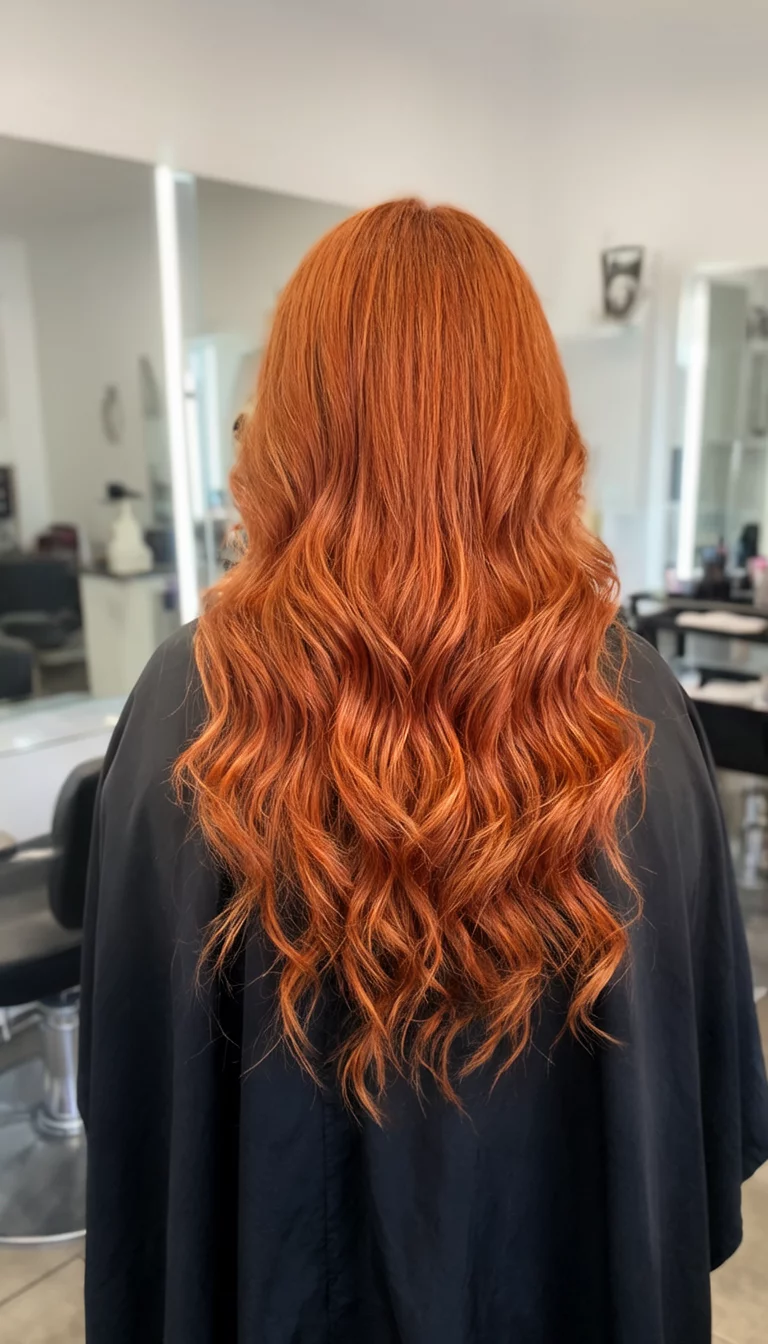 Metallic Fiery Copper casual photo of a 33-year-old woman wearing a salon cape with a fiery copper colored long wavy hairstyle, back view, salon background